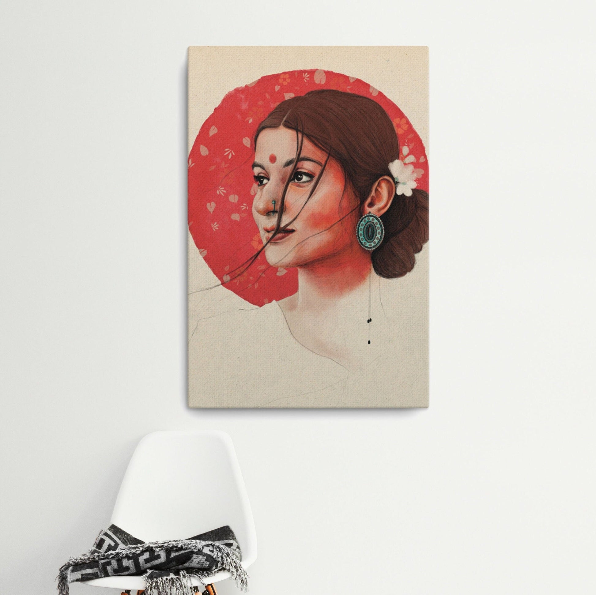 Indian woman in traditional makeup wearing bindi & flowers in her hair Wall art in canvas print
