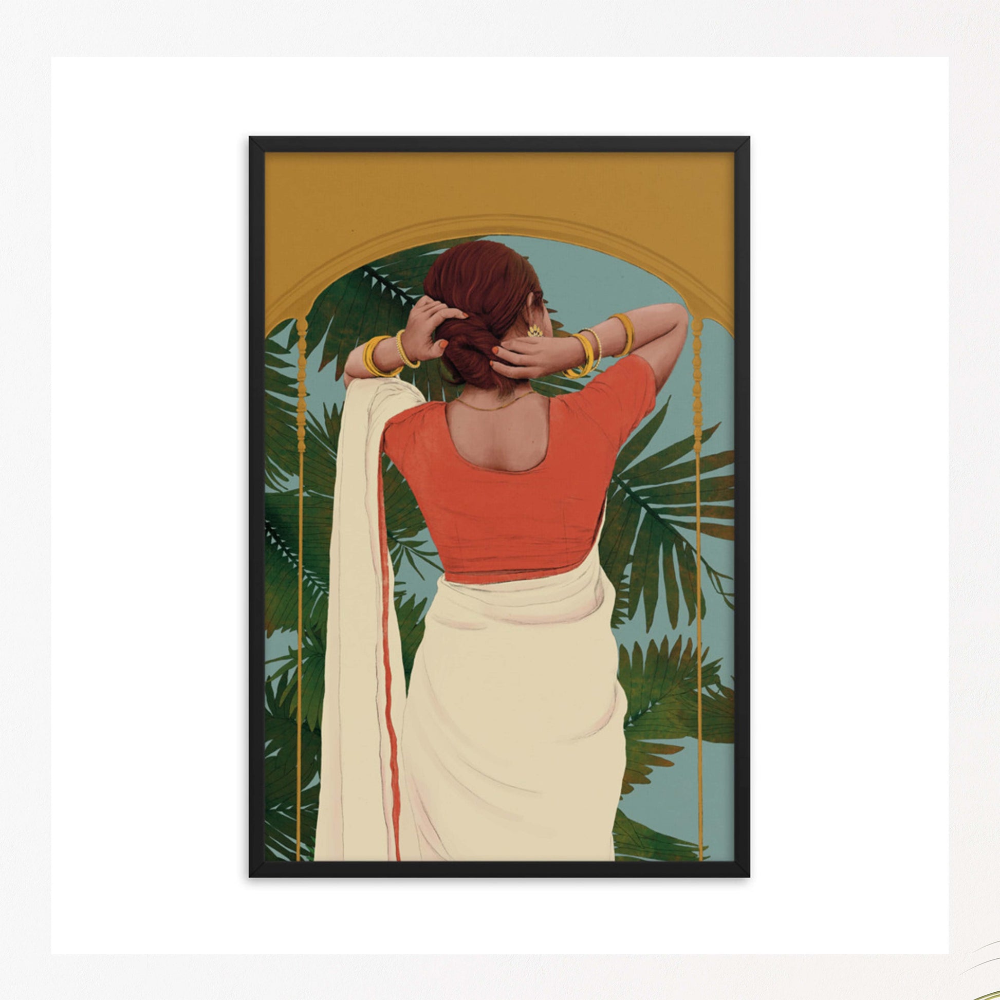 Indian Woman in beige sari with red top doing her hair wall art in black frame
