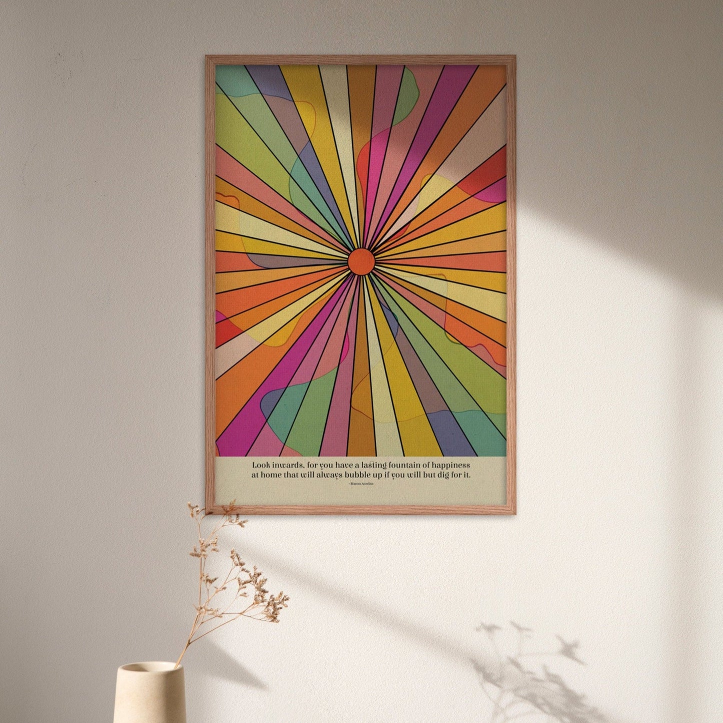 marcus aurelius quote on fountain of happiness with colorful design in oak frame poster