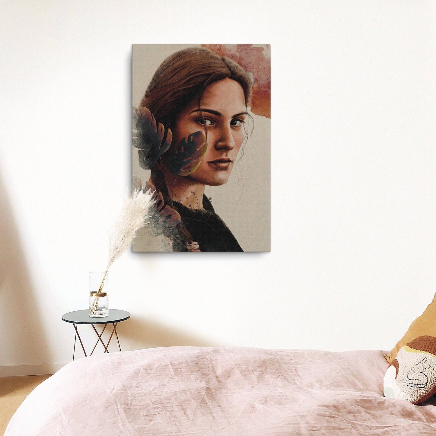 Woman portrait canvas print wall art in beige, black & rust color.