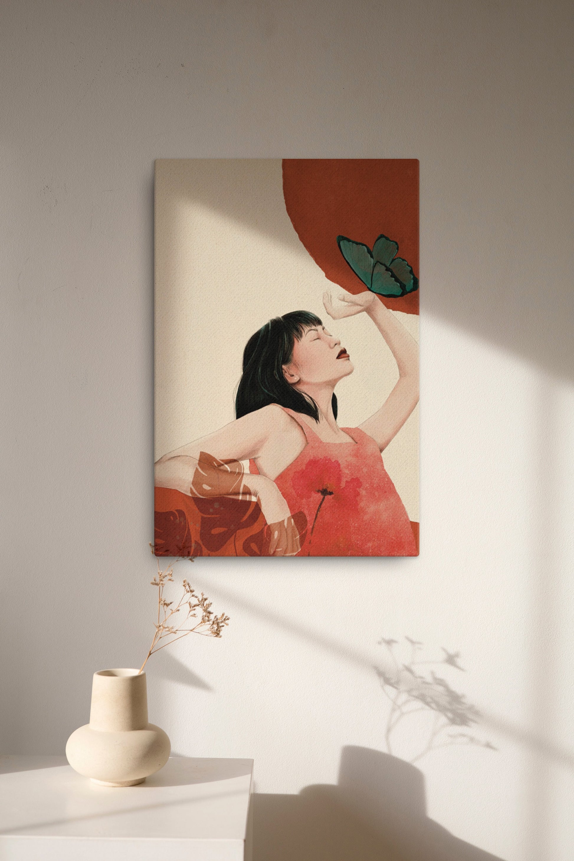 Girl with butterfly sun wall art in earthly colors orange, beige, brown canvas print