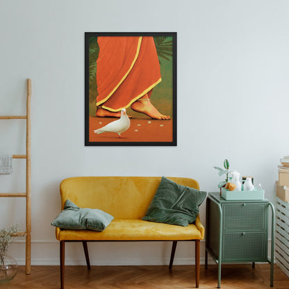 Art of a woman in red saree wearing anklets wall art in red and green colors, framed in black frame.