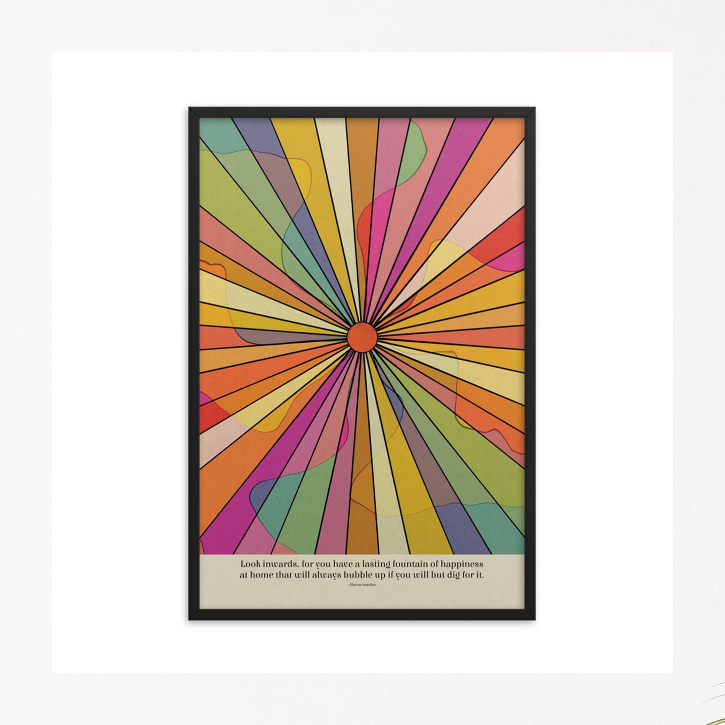 marcus aurelius quote on fountain of happiness with colorful design in black frame poster