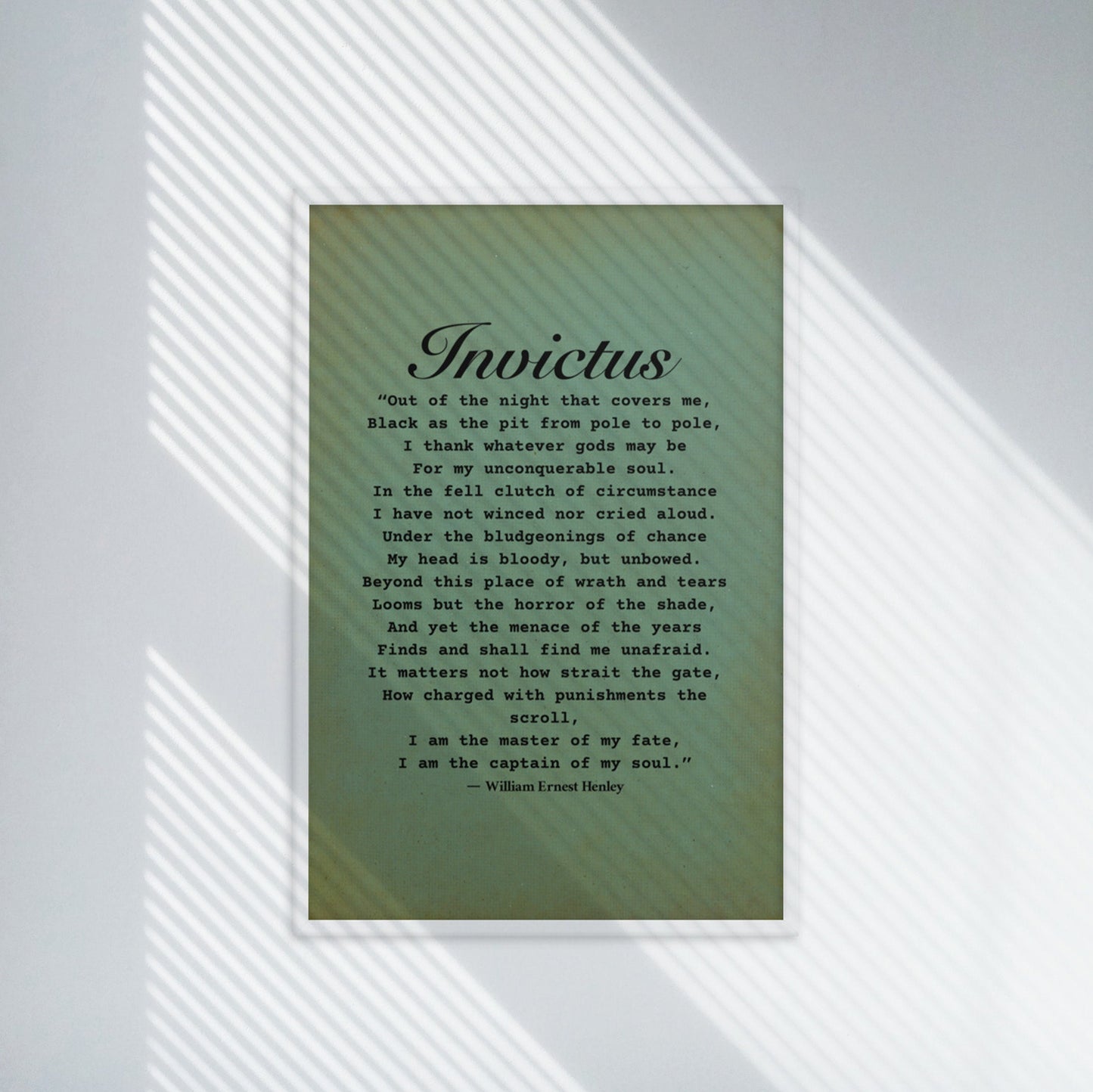 Invictus poem black on green background white framed poster