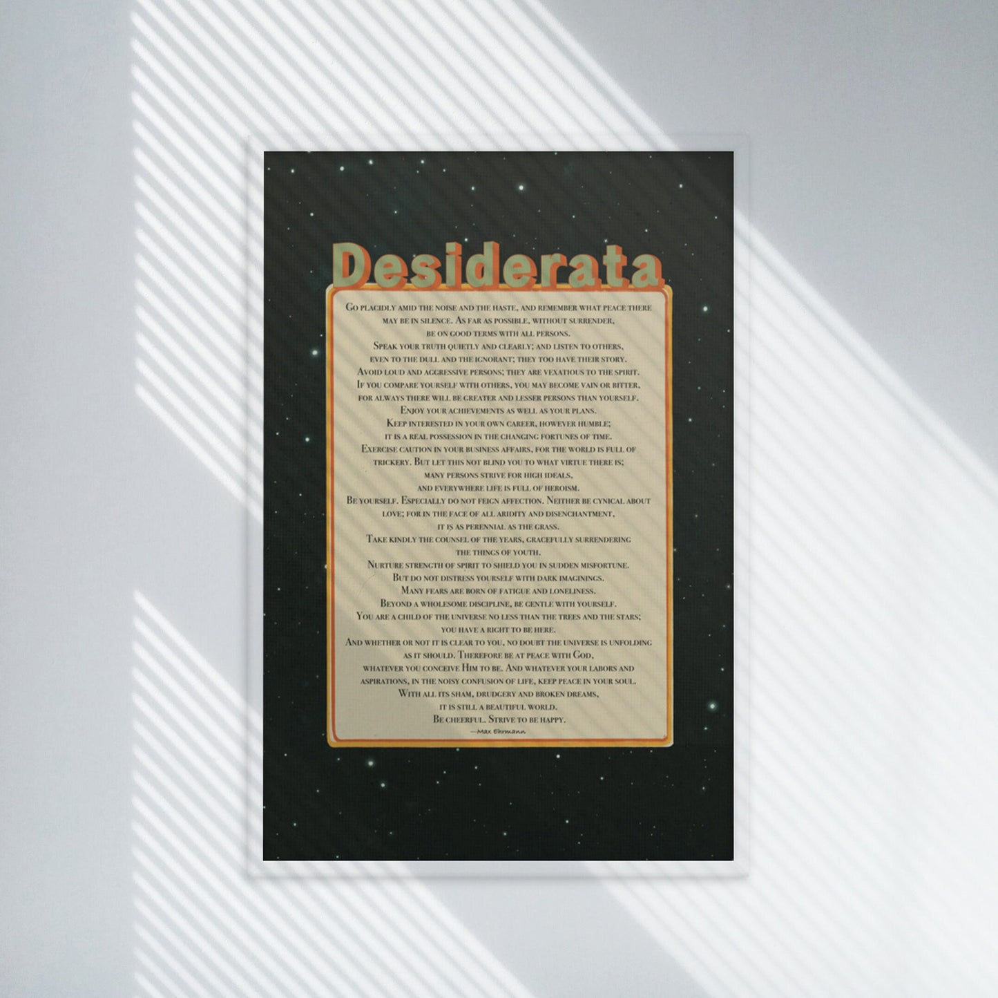 Desiderata poem in beige & starry Background white framed poster