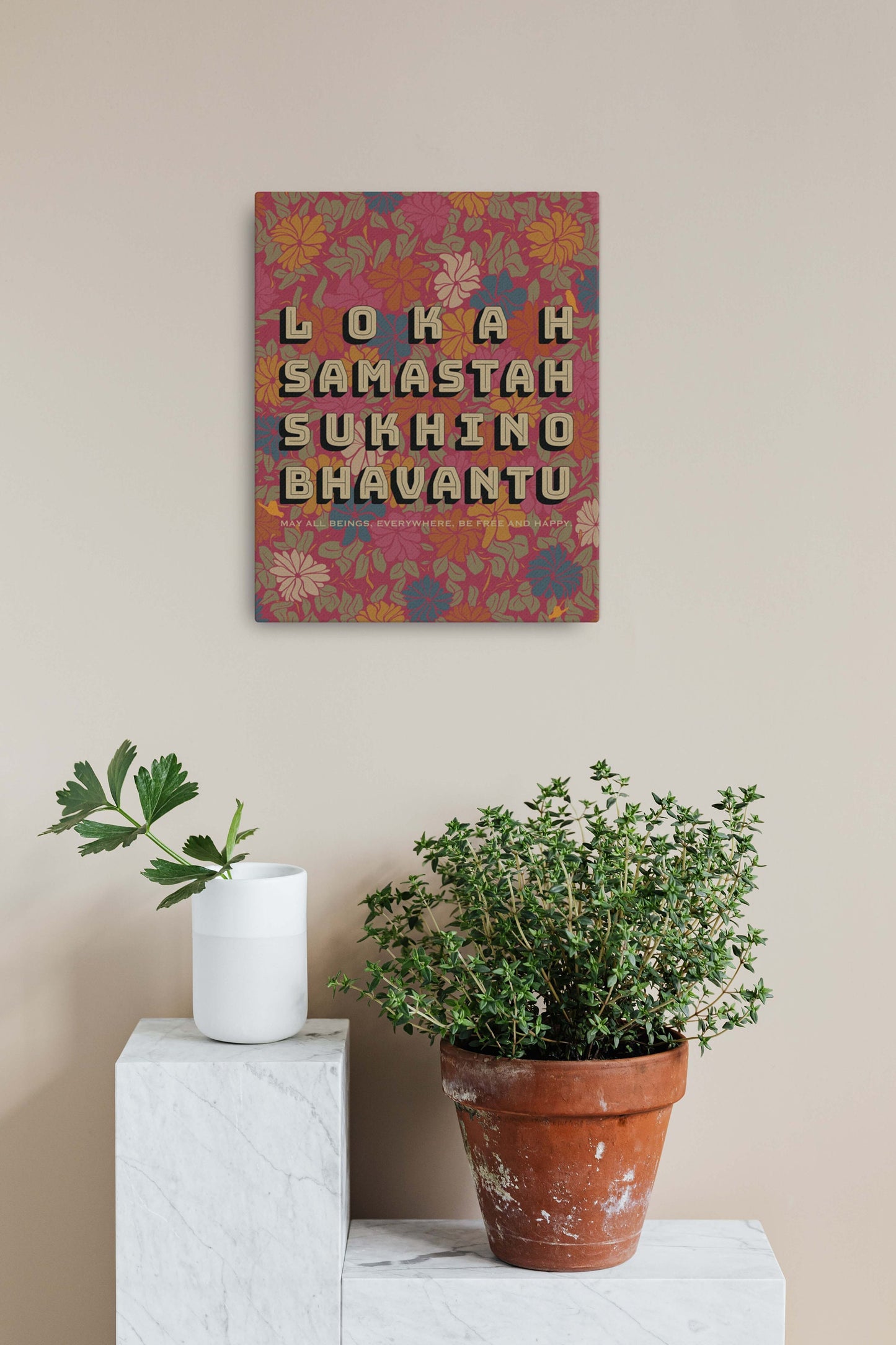 Lokah samastah mantra with meaning in english on pink floral background canvas spiritual print