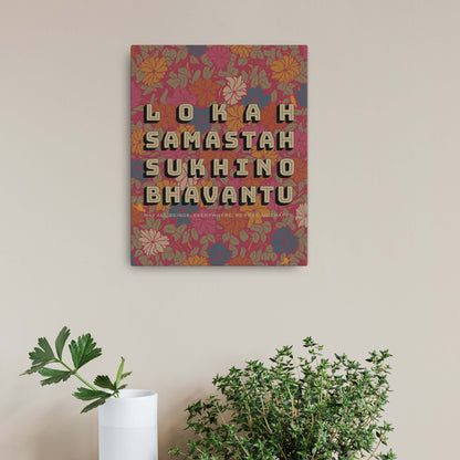 Lokah samastah mantra with meaning in english on pink floral background canvas spiritual print