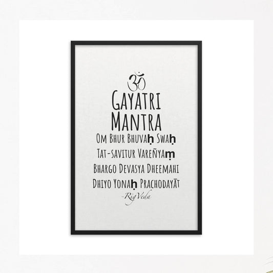 Gayatri mantra in english, black on white minimalist poster in black frame.