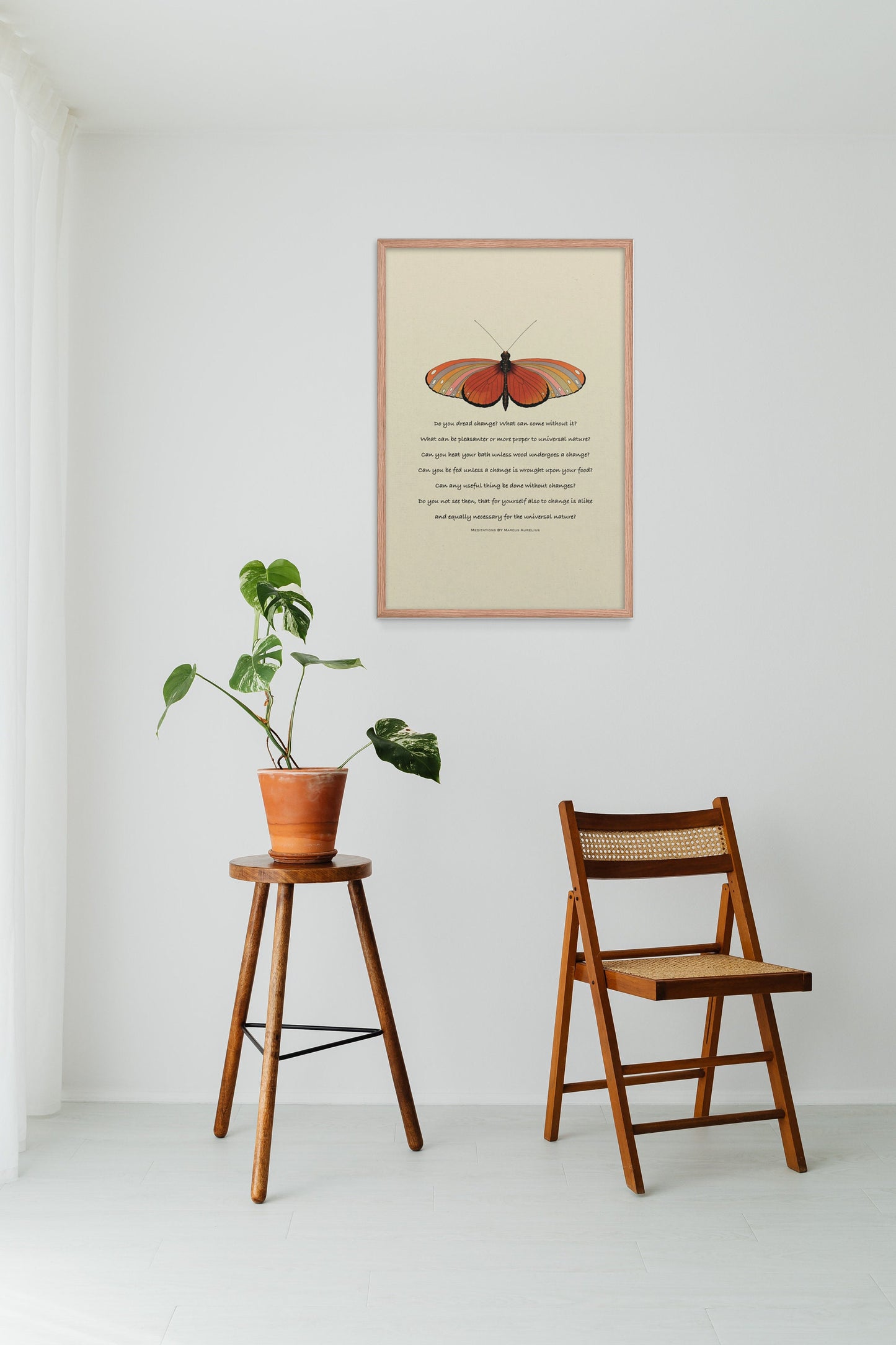 Stoic on change quote by marcus aurelius with a colorful butterfly art poster in oak wood  frame