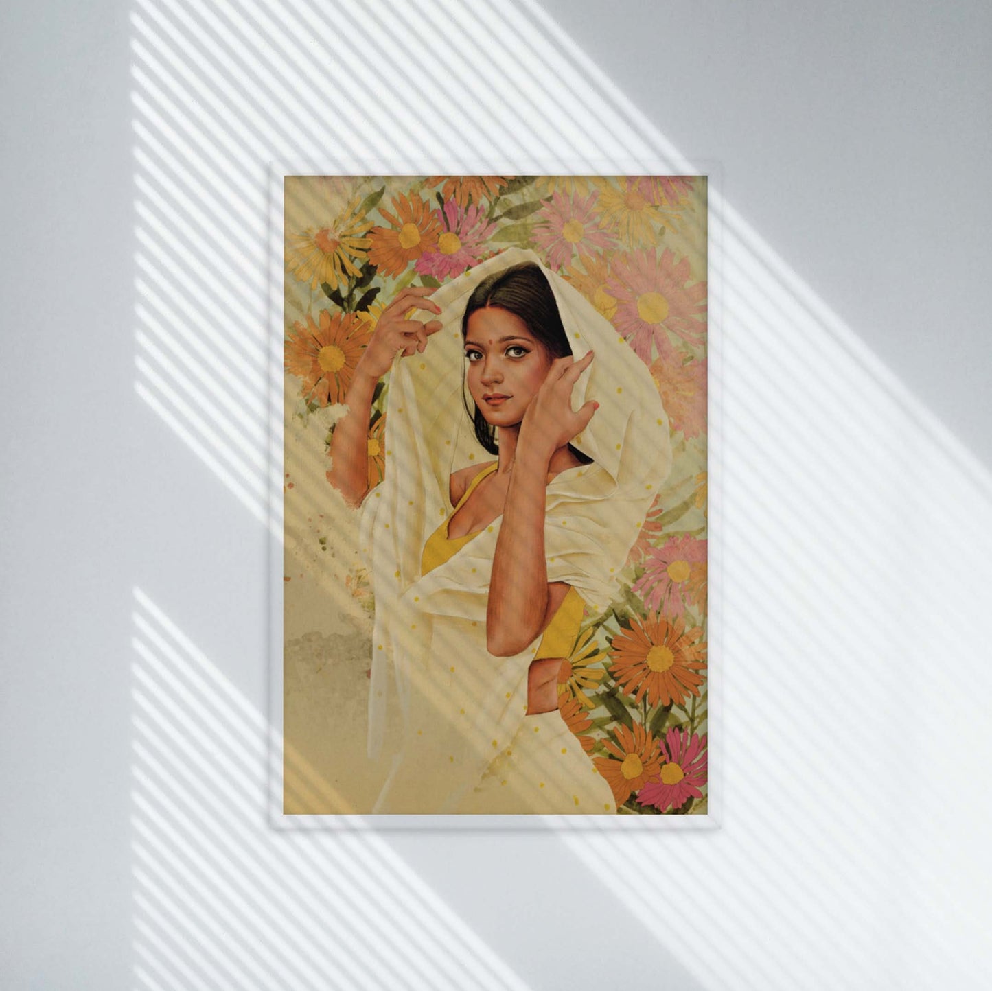 Woman in beige polka dots saree with yellow blouse in pink, orange, yellow  floral background white framed wall art.