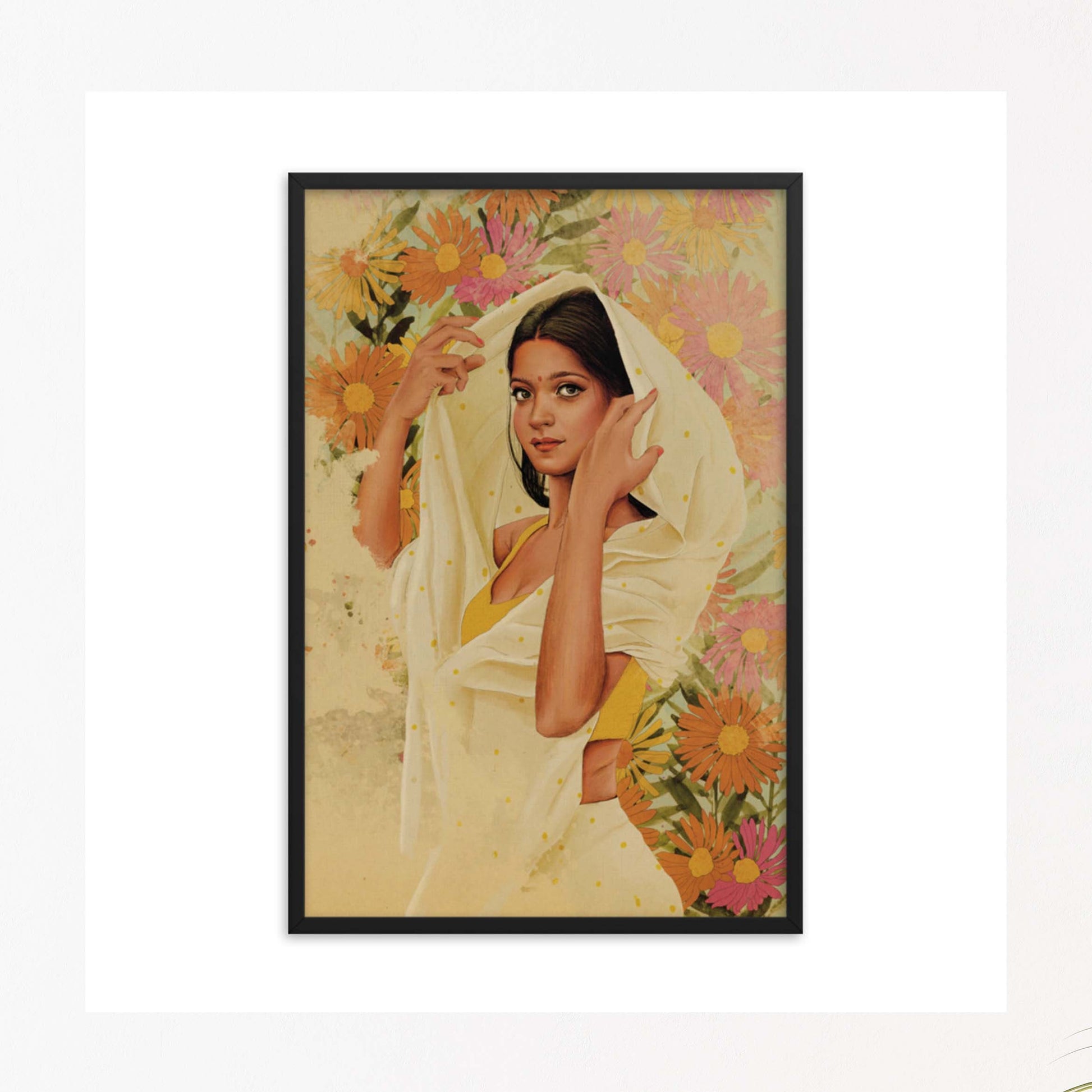 Woman in beige polka dots saree with yellow blouse in pink, orange, yellow  floral background black framed wall art.