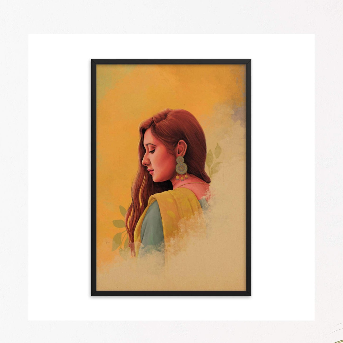 Indian woman in yellow saree wall art poster in black frame