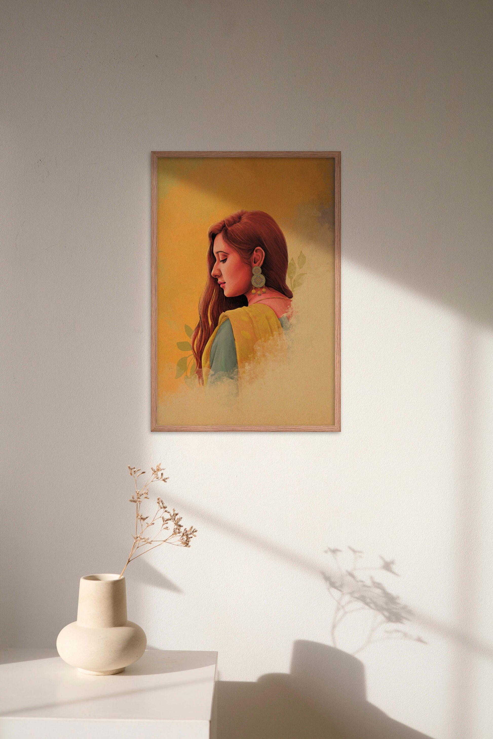 Indian woman in yellow saree wall art poster in oak frame