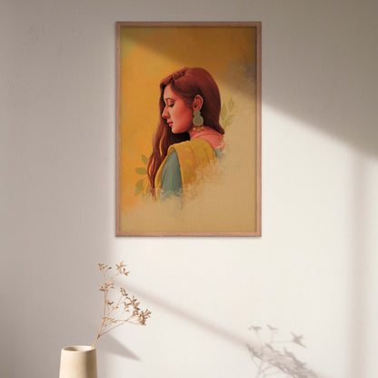 Indian woman in yellow saree wall art poster in oak frame