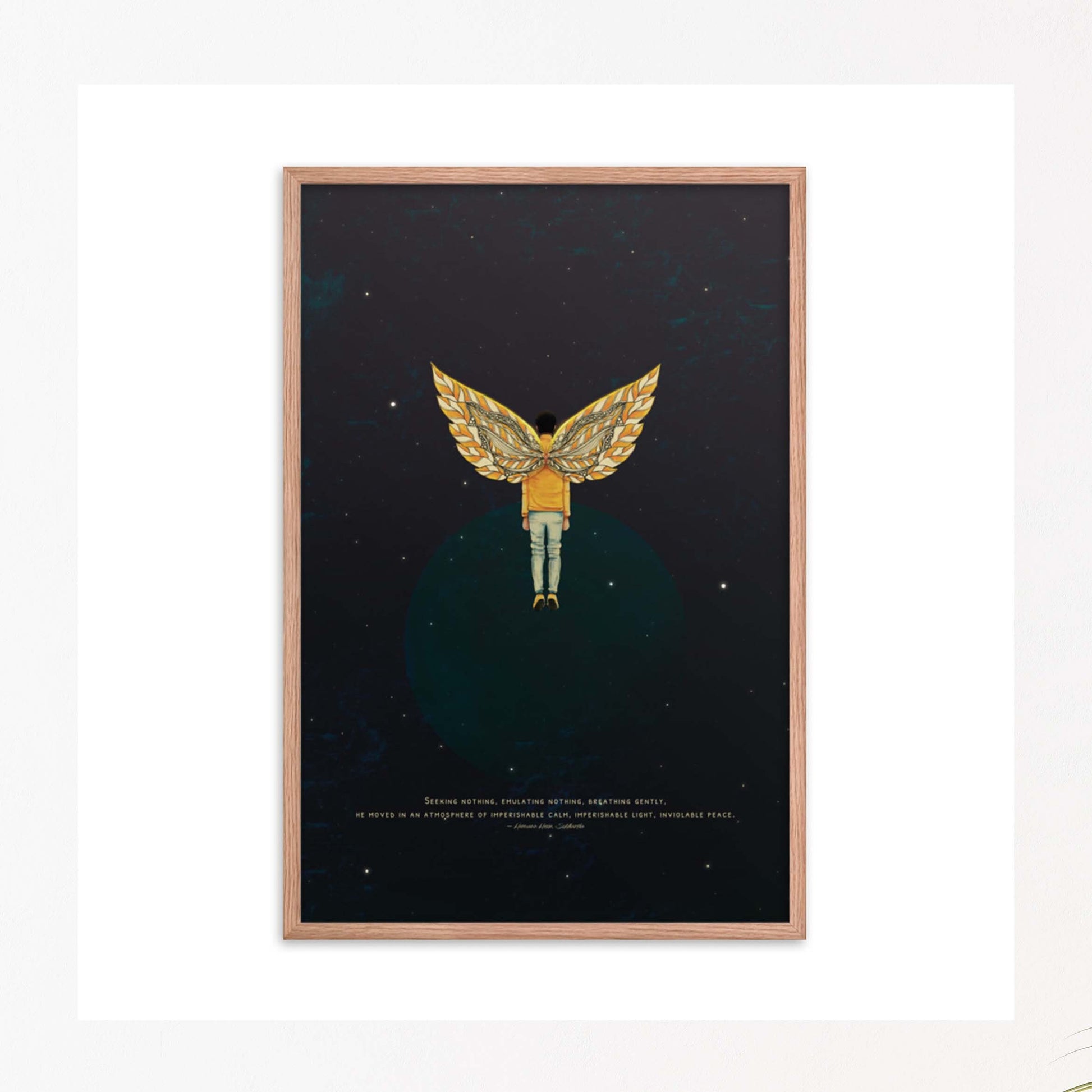 Man with wings wall art with siddhartha quote in oak frame.