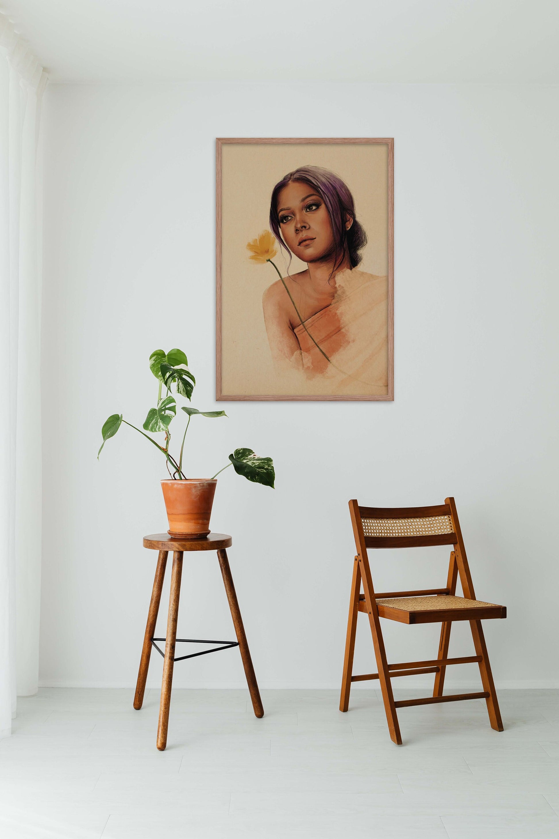 Simple Indian Woman in rust color saree with yellow flower wall art poster in oak frame