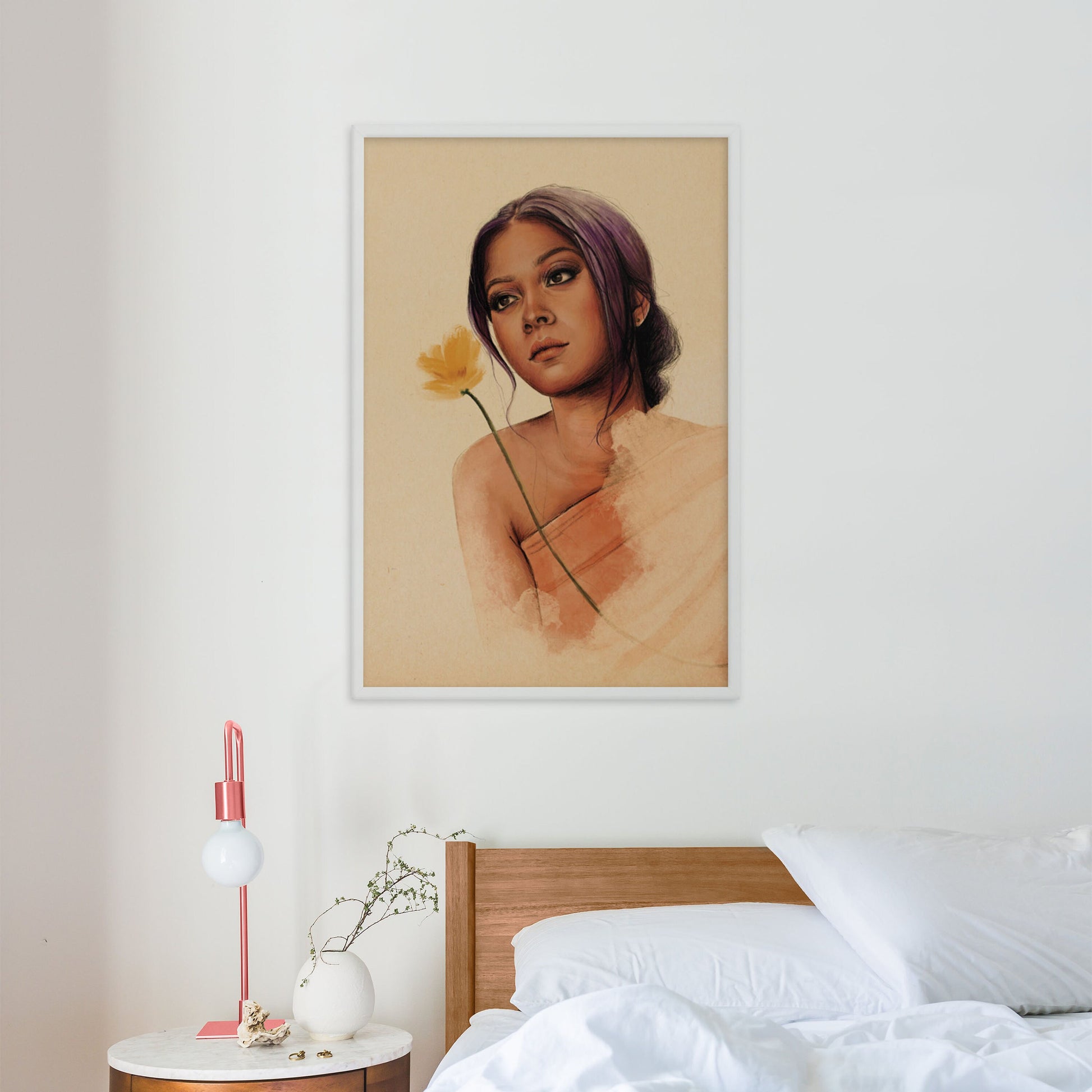 Simple Indian Woman in rust color saree with yellow flower wall art poster in white frame on bedroom wall