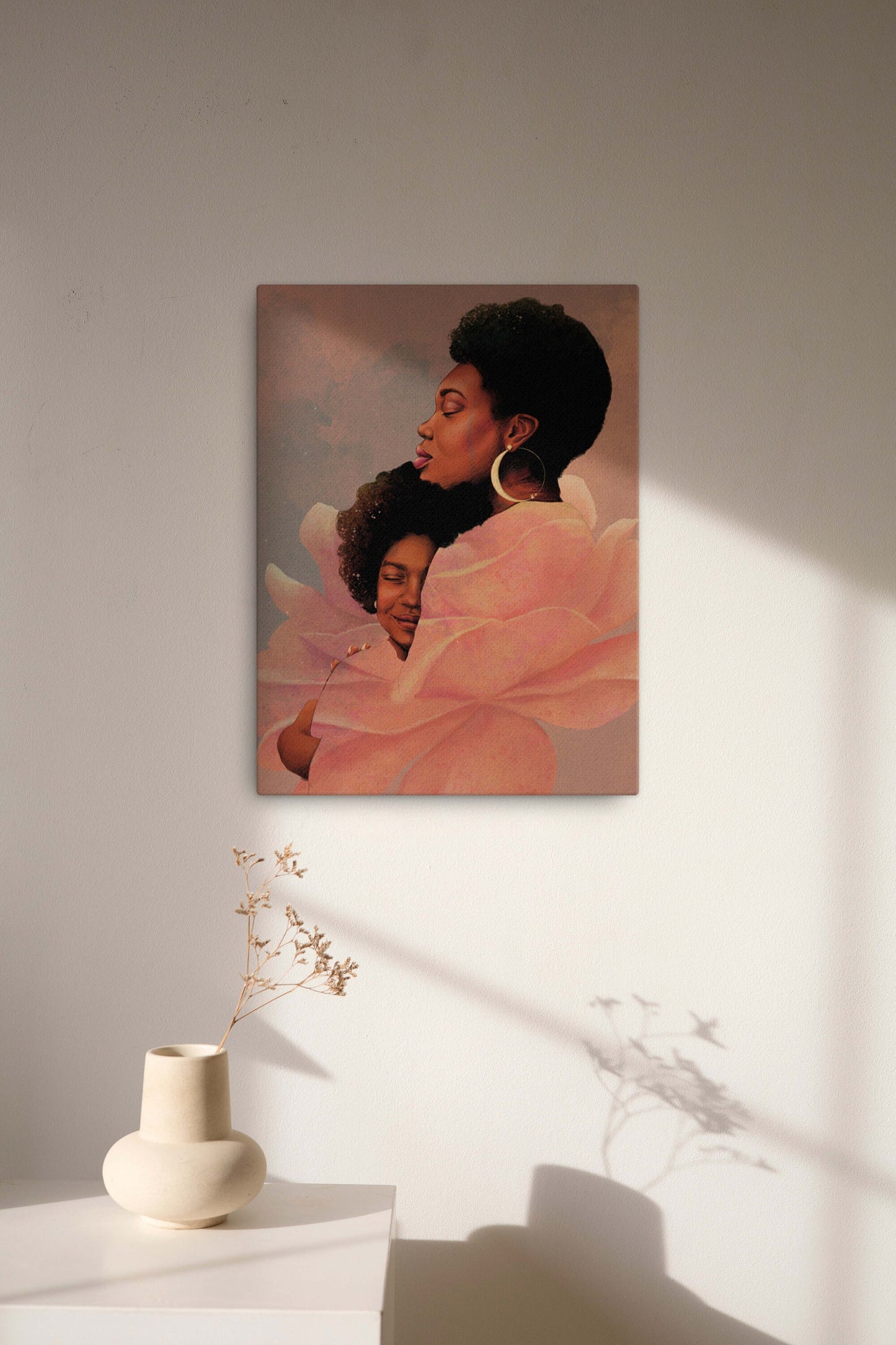 African American Mother Daughter pink rose floral art canvas print